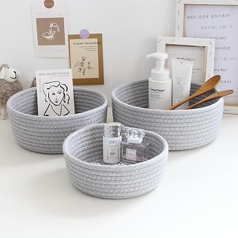 Set of 3 Braided Storage Baskets Stackable Storage Baskets Cotton Rope Storage Baskets for Organising Clothes Bathroom Toy Baskets Storage Grey