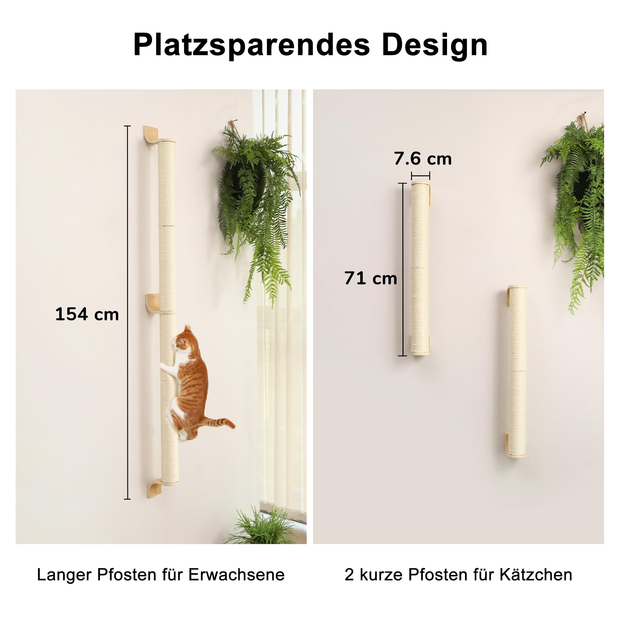 FUKUMARU Wandkratzsäule Katzen, 154 cm großer Kratzbaum zur Wandmontage, Stabiler kratzbaum Wand aus Sisal
