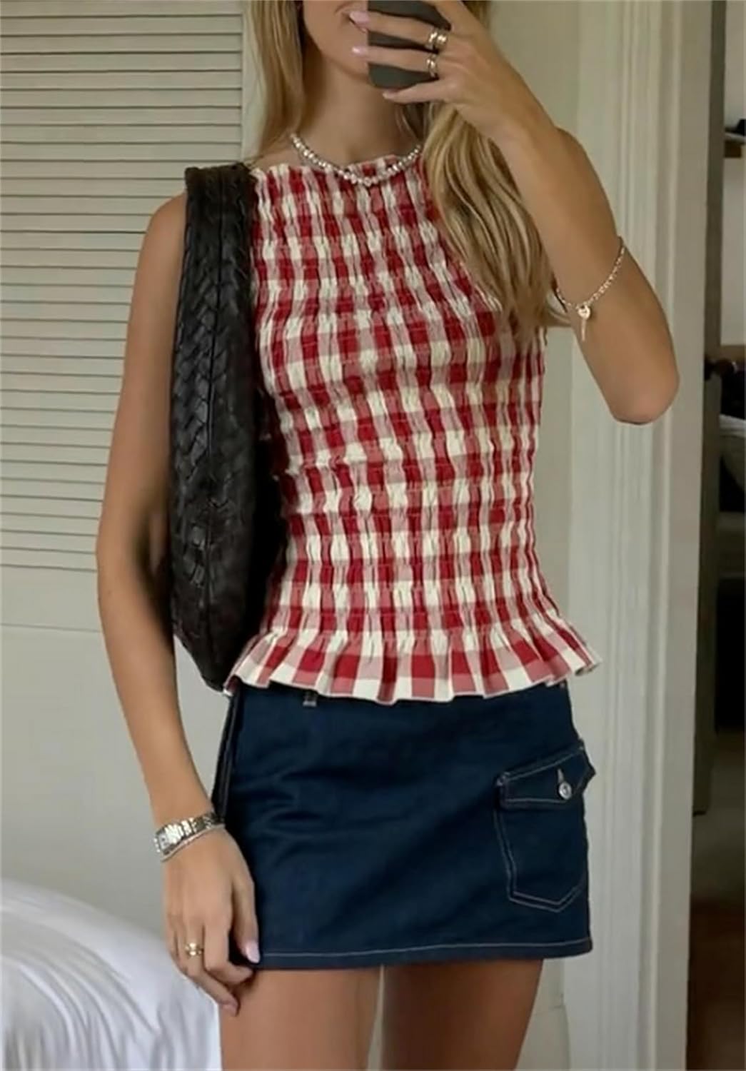 Women Shirred Tank Top Summer Smocked Tops Sleeveless Ruffle Hem Graphic Pleated Shirt Y2k Going Out Vacation Tops - Image 3