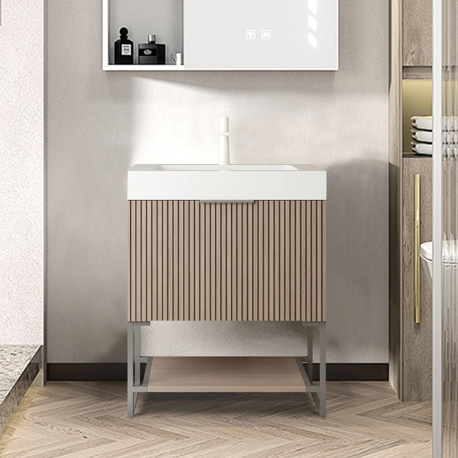 LKTART24" Fluted Freestanding Bathroom Vanity with Sink, Modern Bathroom Storage Cabinet with Drawer and Open Shelf, White Rectangular Acrylic Integrated Basin, Light Brown Oak