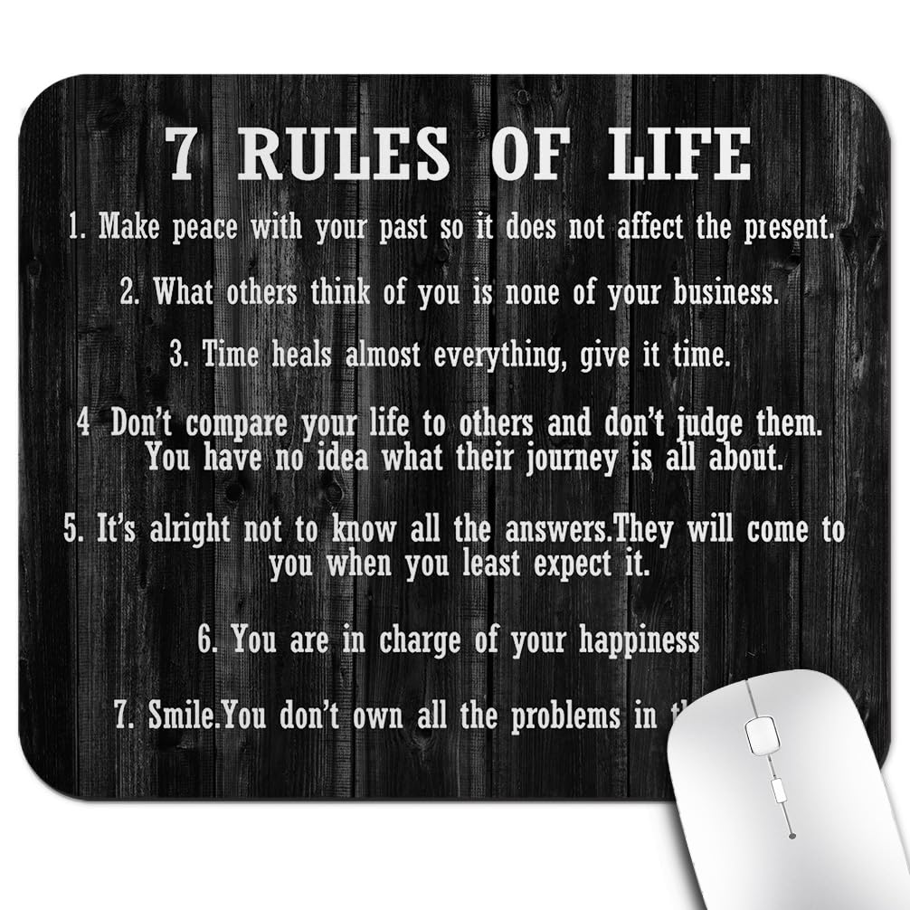 knseva Inspirational Quote Rustic Black Wood Mouse Pad, 7 Rules of Life Inspiring Quotes for Life, Positive Motivational Quotes White Black Mouse Pads