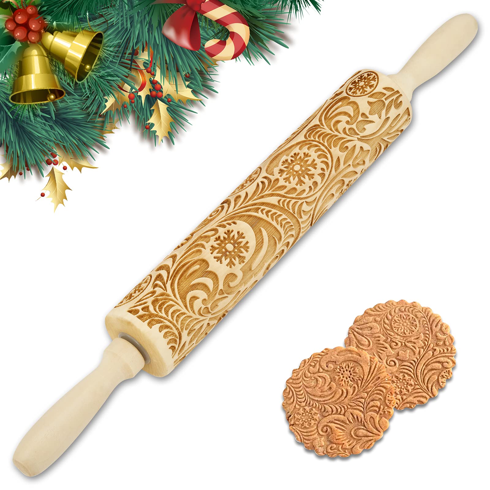 Wooden Engraved Rolling Pin with Christmas Snowflake Designs - For Baking Cookies and Decor