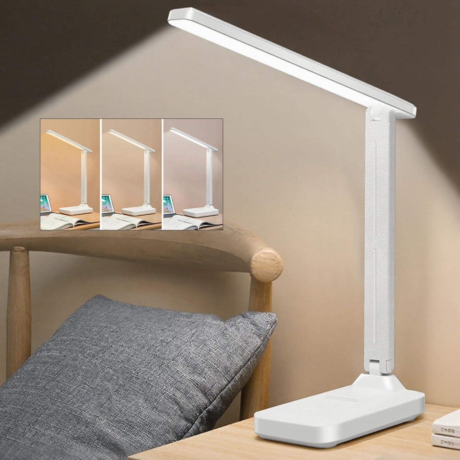 Rechargeable Desk Lamp, Small Desk Light with 3 Color Temperatures & Stepless Dimming, Battery Powered Table Lamp for Home Office, Eye-Caring Study Lamp with USB-C Charging Port (FOLD-688A)