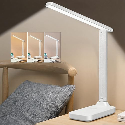 Lámpara de escritorio recargable, lámpara de escritorio pequeña con 3 temperaturas de color y atenuación continua, lámpara de mesa con batería para