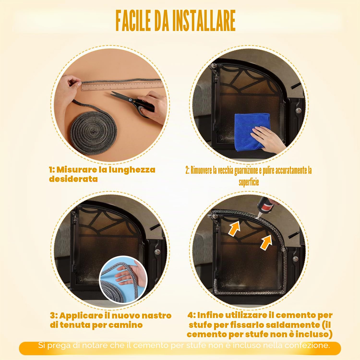 Guarnizione per Camino, 8mm x 3m Guarnizione per Vetro Camino Corda Camino Sostituzione Guarnizione per Forno Stufa a Legna per Caminetti Stufe a Legna (Grigio)