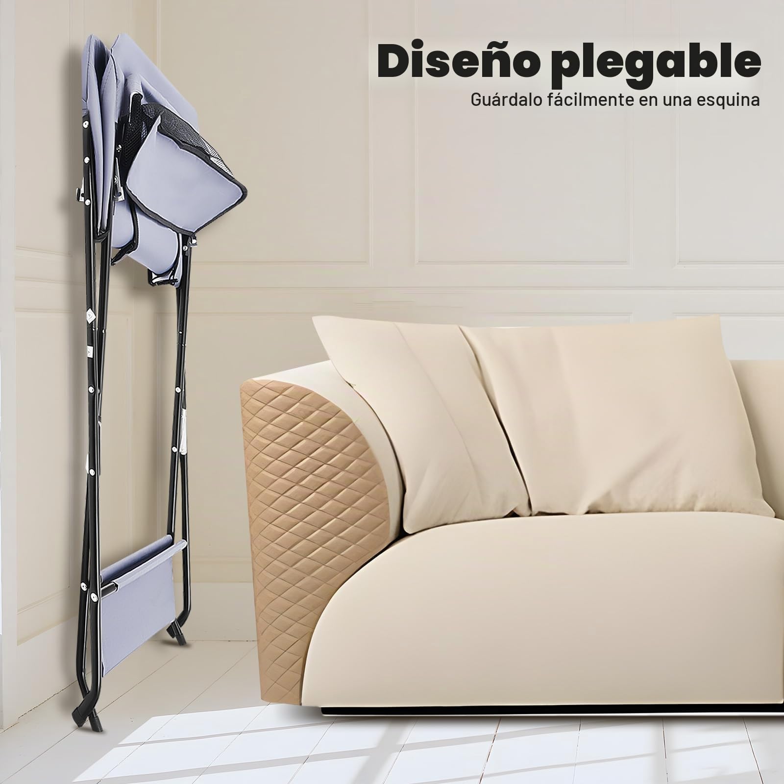 Cambiador portátil para bebé, color gris oscuro con patrón de cómic, altura regulable, impermeable, cinturón de seguridad y espacio de almacenamiento, estructura triangular estable (hasta 25 kg