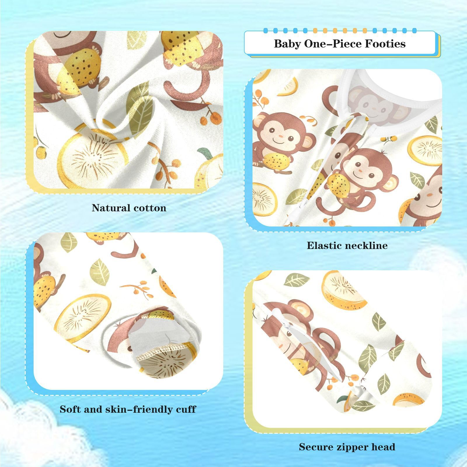 vvfelixl Cute Golden Monkey Eat Fruit Baby Sleepers for Girl Boys Newborn Baby Play One-Piece Footies for 0-3 Months