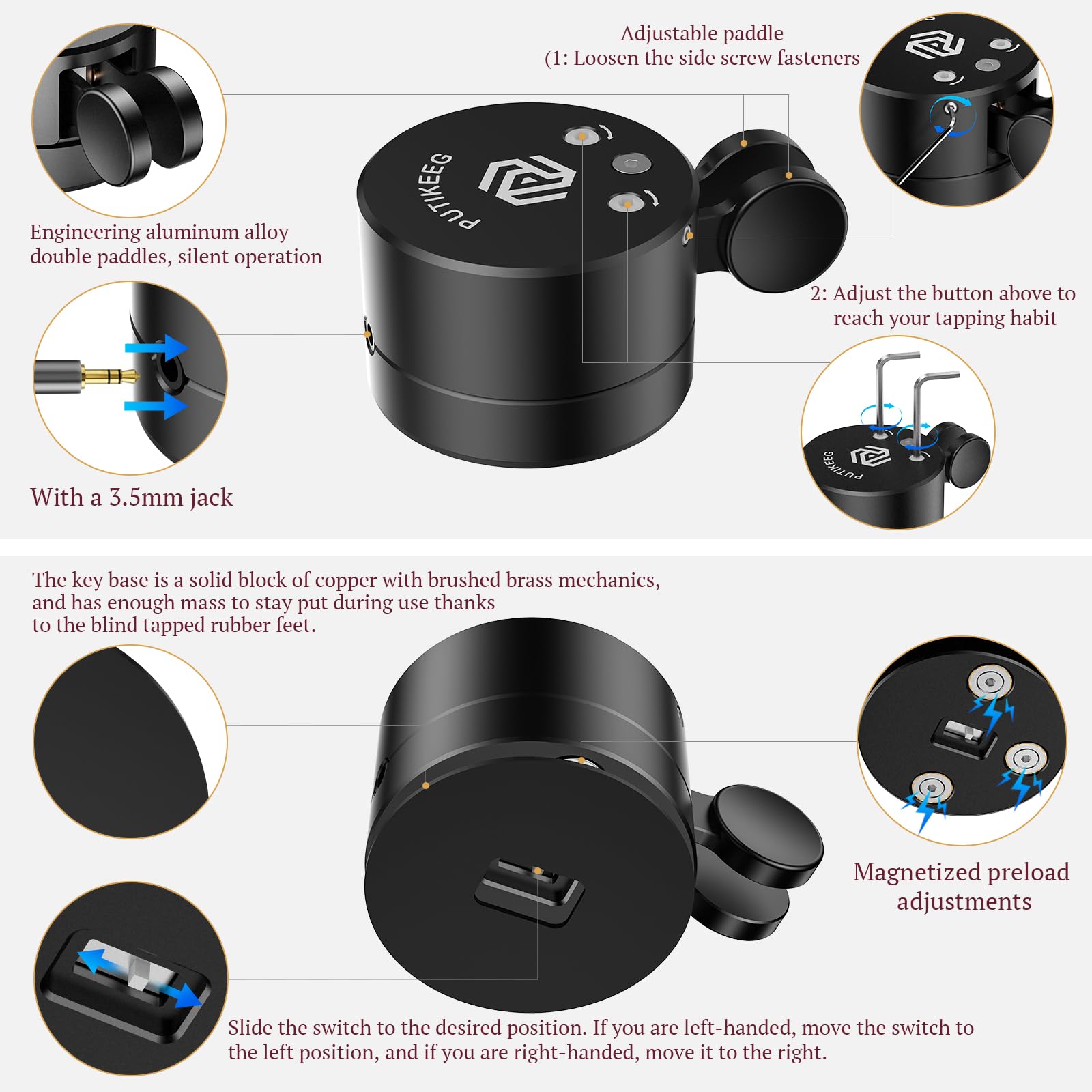Putikeeg Mini Morse Code Key - CW Dual Paddle with Magnetic Base, Magnetic Return Paddles Morse Lambic Key for Amateur Ham Radio(Black)