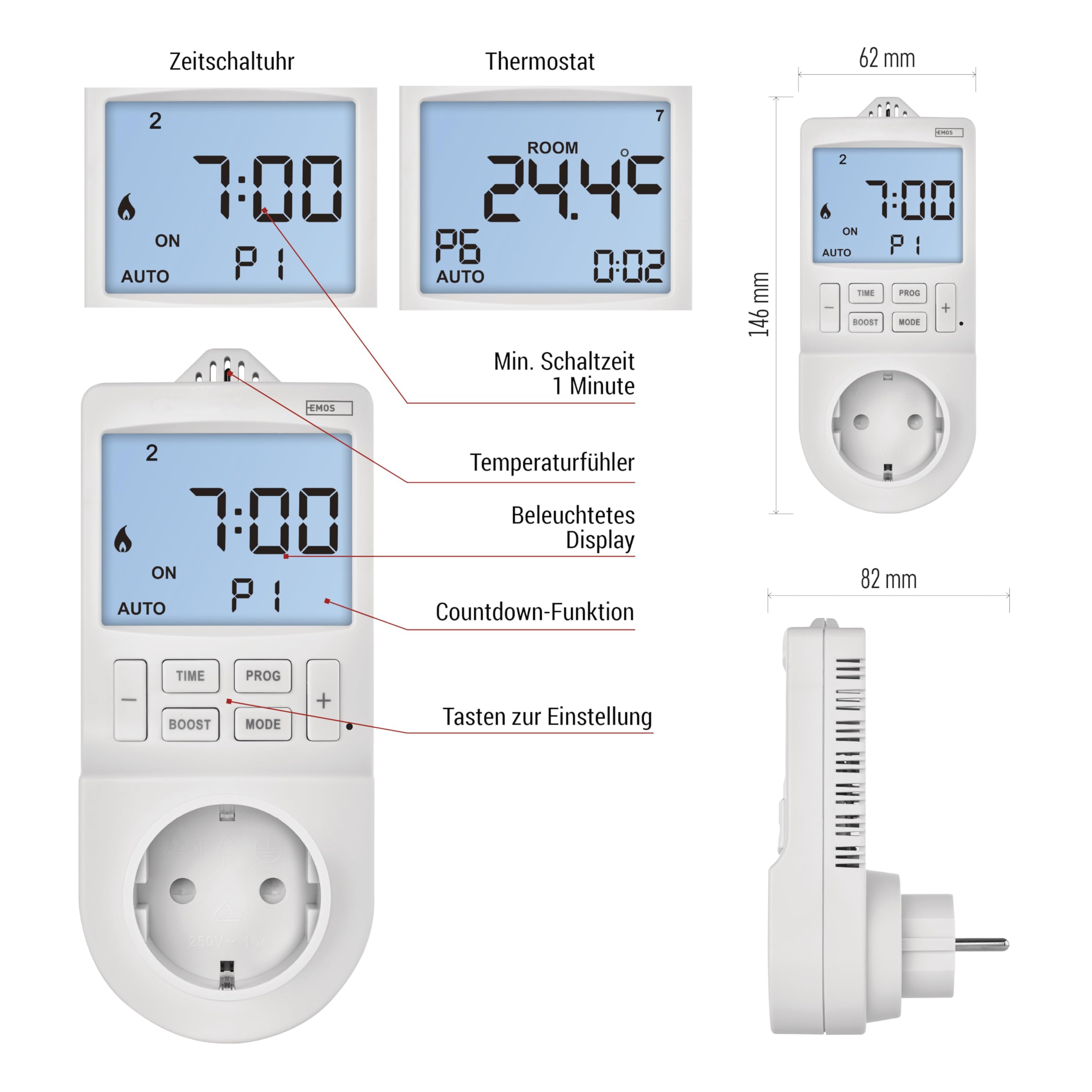 EMOS GoSmart - 2in1 Steckdosenthermostat und Zeitschaltuhr mit App - Smart Home digitaler Raumtemperaturregler und Timer-Steckdose für Heizung und Kühlung - erhöhter Berührungsschutz - Typ F Schuko