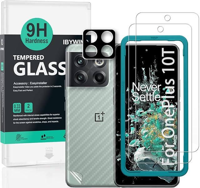 Ibywind Screen Protector For OnePlus 10T 5G(6.7 Inches),with 2Pcs Tempered Glass,1Pc Camera Lens Protector,1Pc Backing Carbon Fiber Film[Fingerprint Reader,Easy to install]