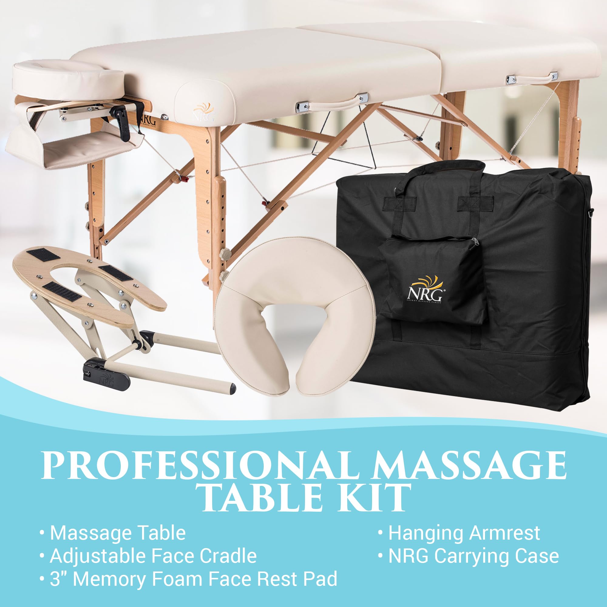 NRG Vedalux Portable Massage Table Package | Vanilla Cream | Folding Lightweight Massage Bed | Professional Spa Table with Face Cradle, Hanging Armrest & Carrying Case