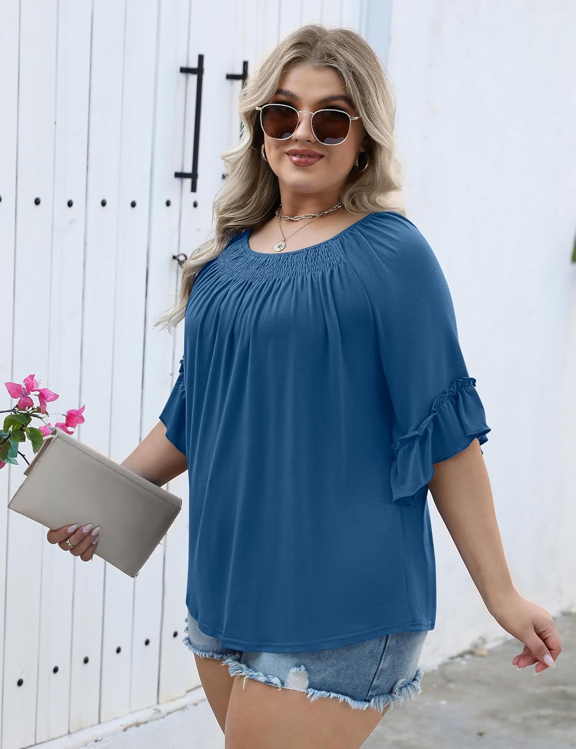Micoson Womens Plus Size Tops 3/4 Ruffle Sleeve Shirts Crewneck Pleated Blouses Dressy Casual Fashion Tunic Top (1X-5X) - Image 3