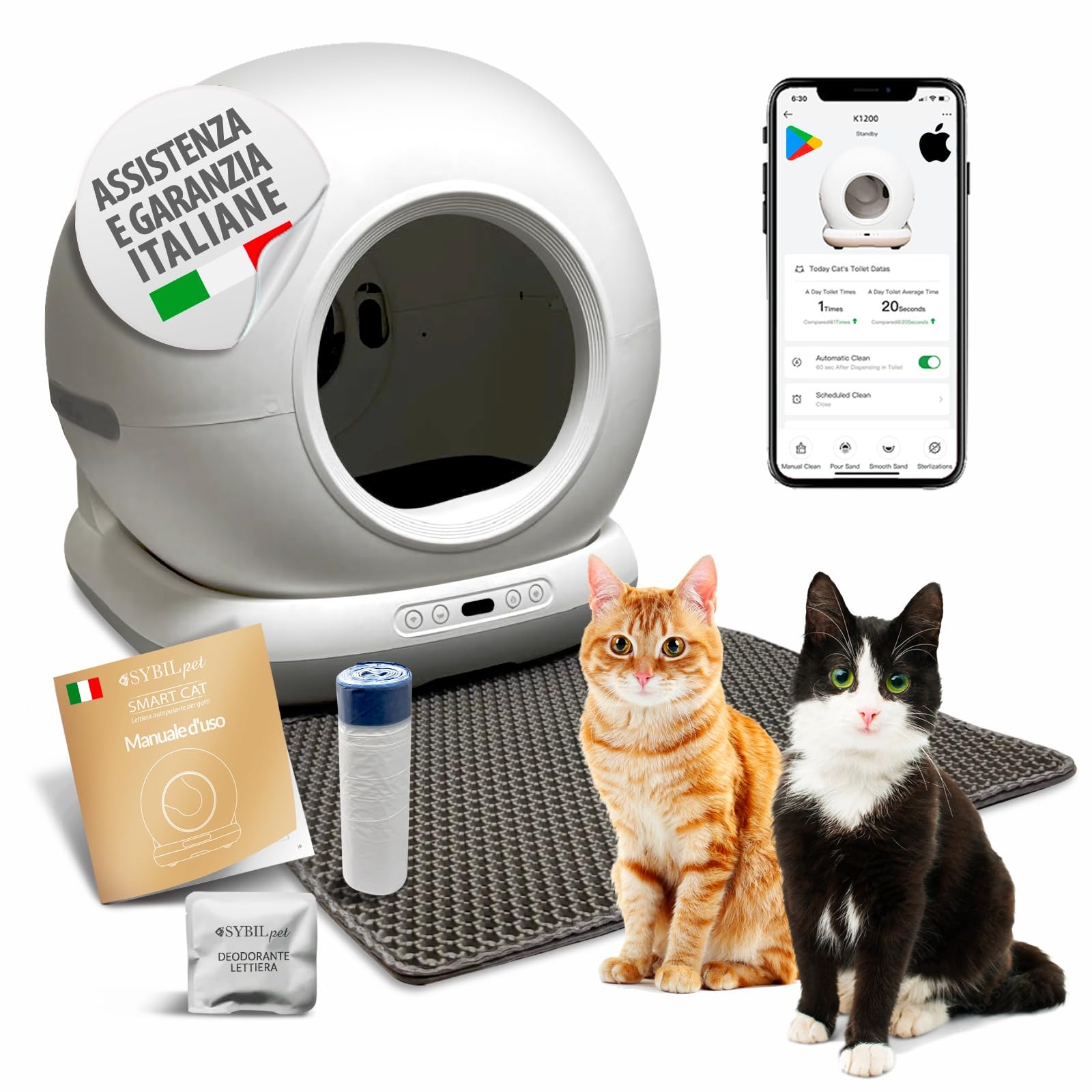 SYBILPET Lettiera Gatto Autopulente Automatica, Antiodore, Capacità Massima 72L con Monitoraggio App e Deodorante Sostituibile per un Ambiente Fresco e Privo di Odori.