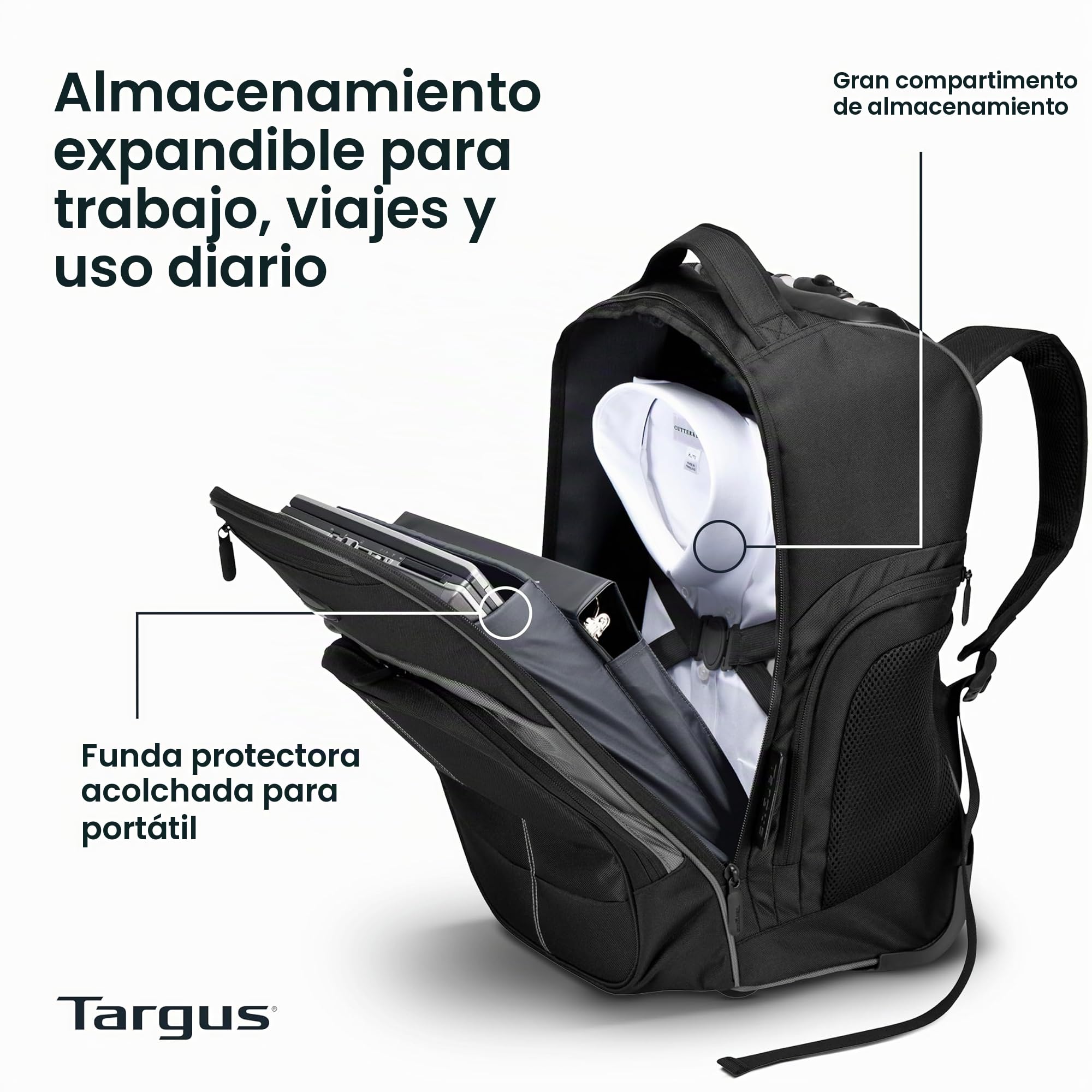 Targus Mochila compacta con Ruedas para Negocios, Estudiantes universitarios y Viajes, Material Duradero, Bolsillo para Tableta, Funda Protectora extraíble para Laptop de 16 Pulgadas, Color Negro