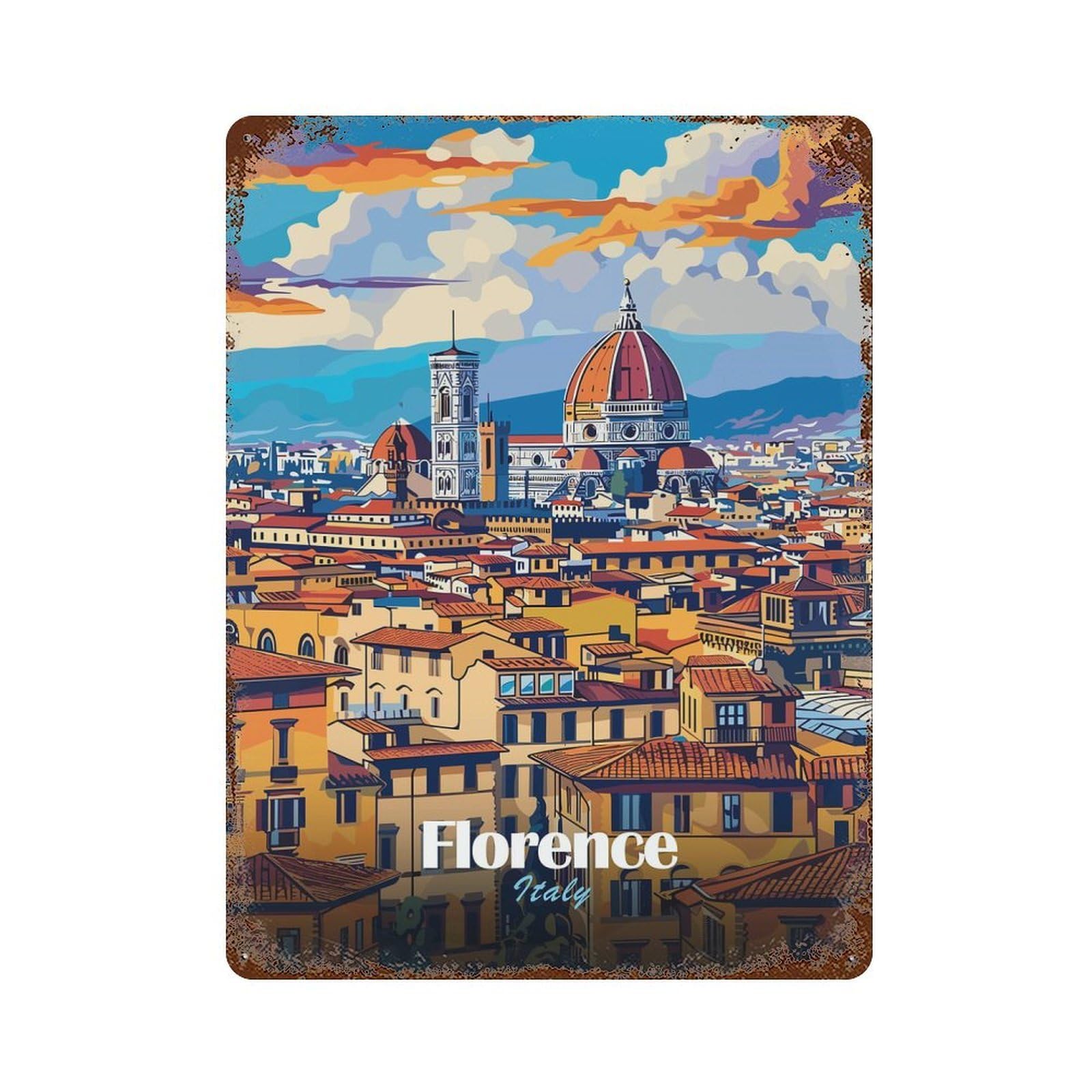 Rust Effect Florence Cityscape Rusty Metal Tin Sign 15.7"x11.8", Farmhouse Wall Decor for Shed, Workshop And Garage Wall Decor