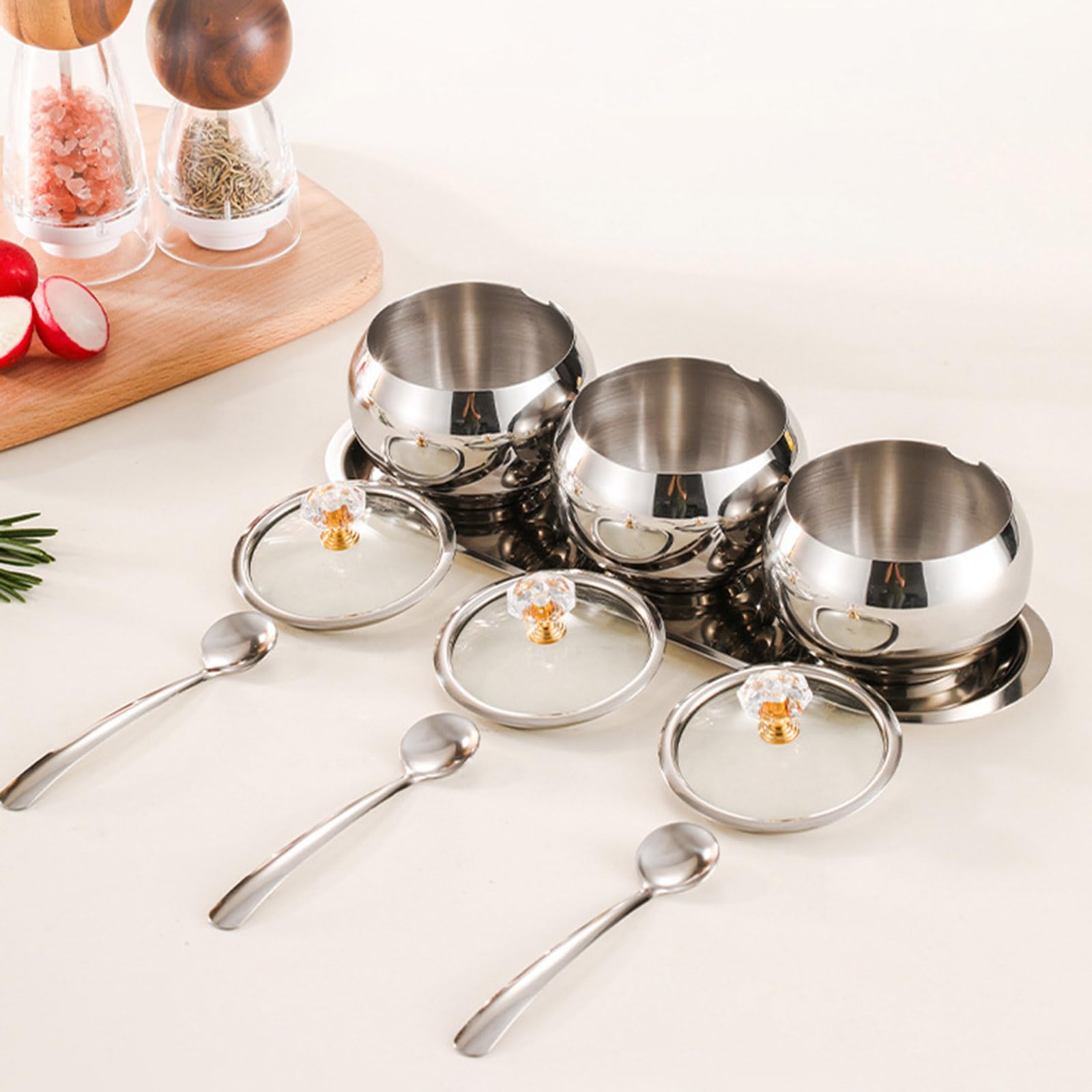Générique Coffret d ' assaisonnement Polyvalent en Acier Inoxydable 304, 3 Compartiments, Pots à épices avec cuillères de Service et Plateau, boîte d ' assaisonnement avec cuillère