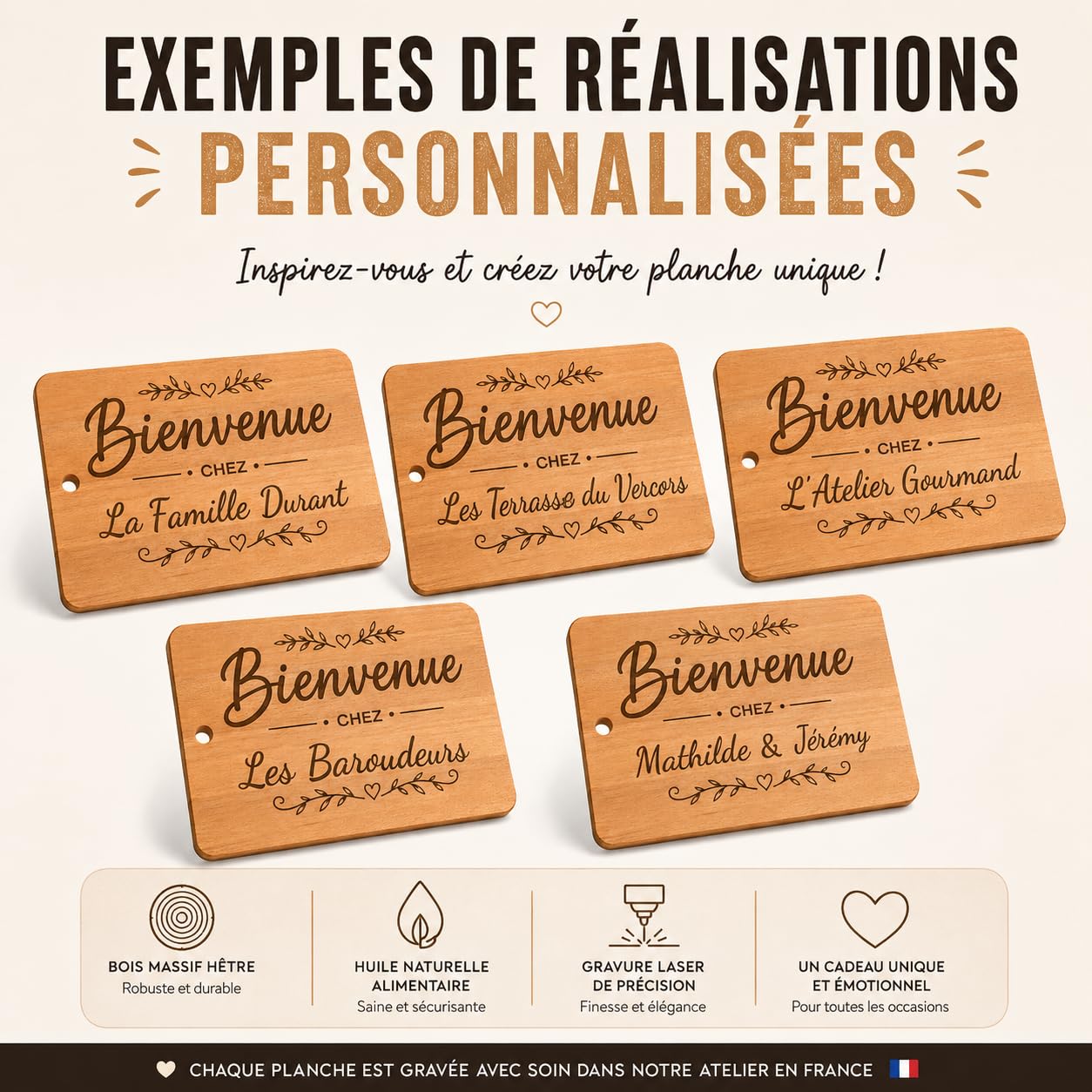 Planche à découper personnalisée en hêtre massif – Planche apéro gravée – Texte personnalisé – 40 × 26 × 2 cm – Cadeau mariage, couple, famille, crémaillère – BIBAMBOIS