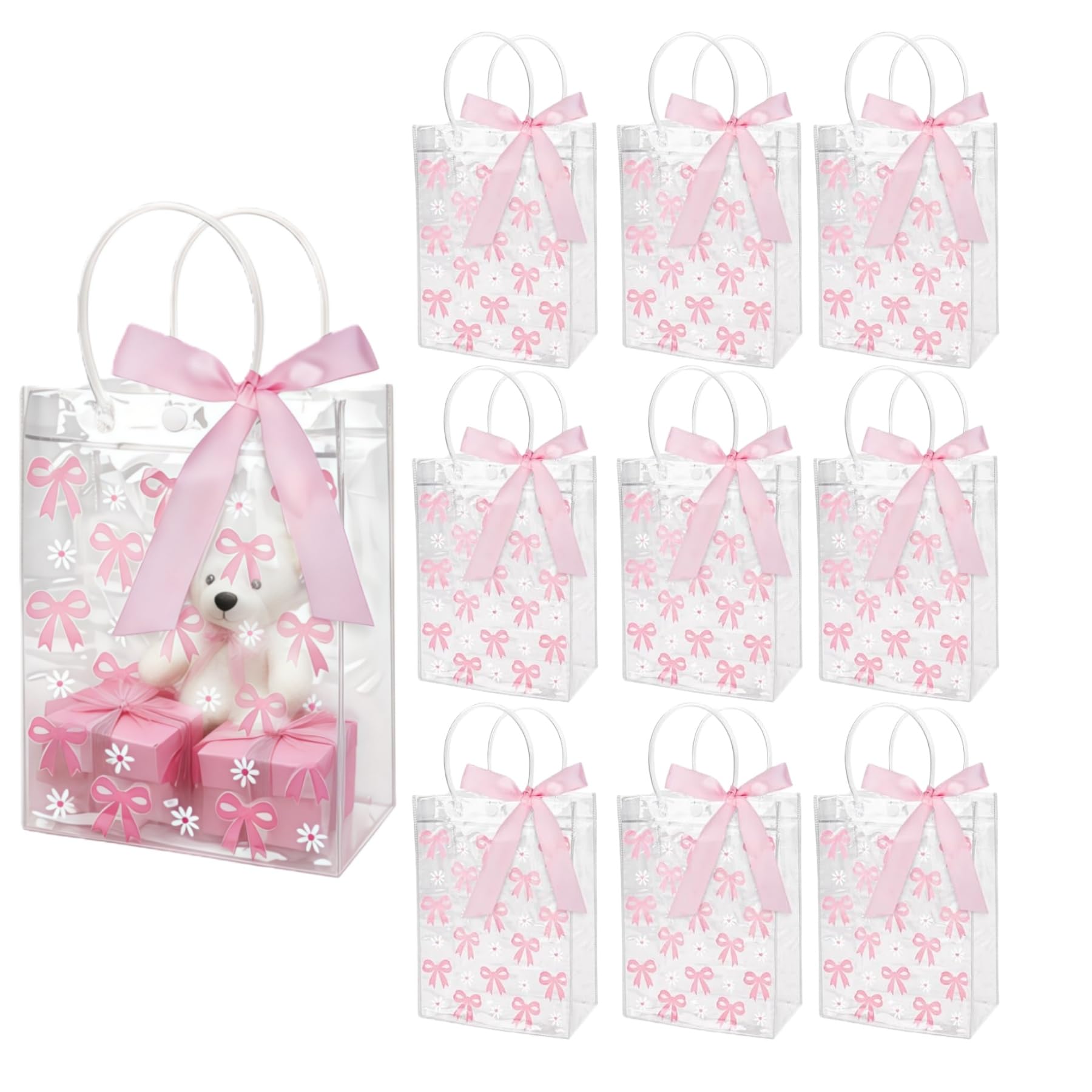 Dmnnlp 10 Pcs Pink Bow Clear Gift Bags, Birthday Bag with Handle Ribbon Bow, Party Pink Bags for Girls Birthdays Wedding Baby Shower Mother's Day Bachelorette Hen Party