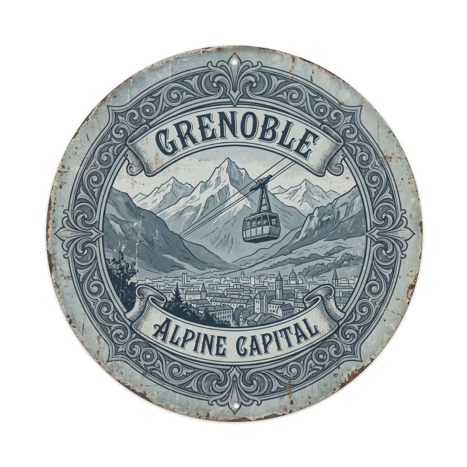 Grenoble France Mountains Vintage Travel Cartography Cityscape Metal Tin Sign Plaque Wall Decor for Cafe, Man Cave, Club Bar, Office, Home Garden Round Metal Poster 8x8Inch