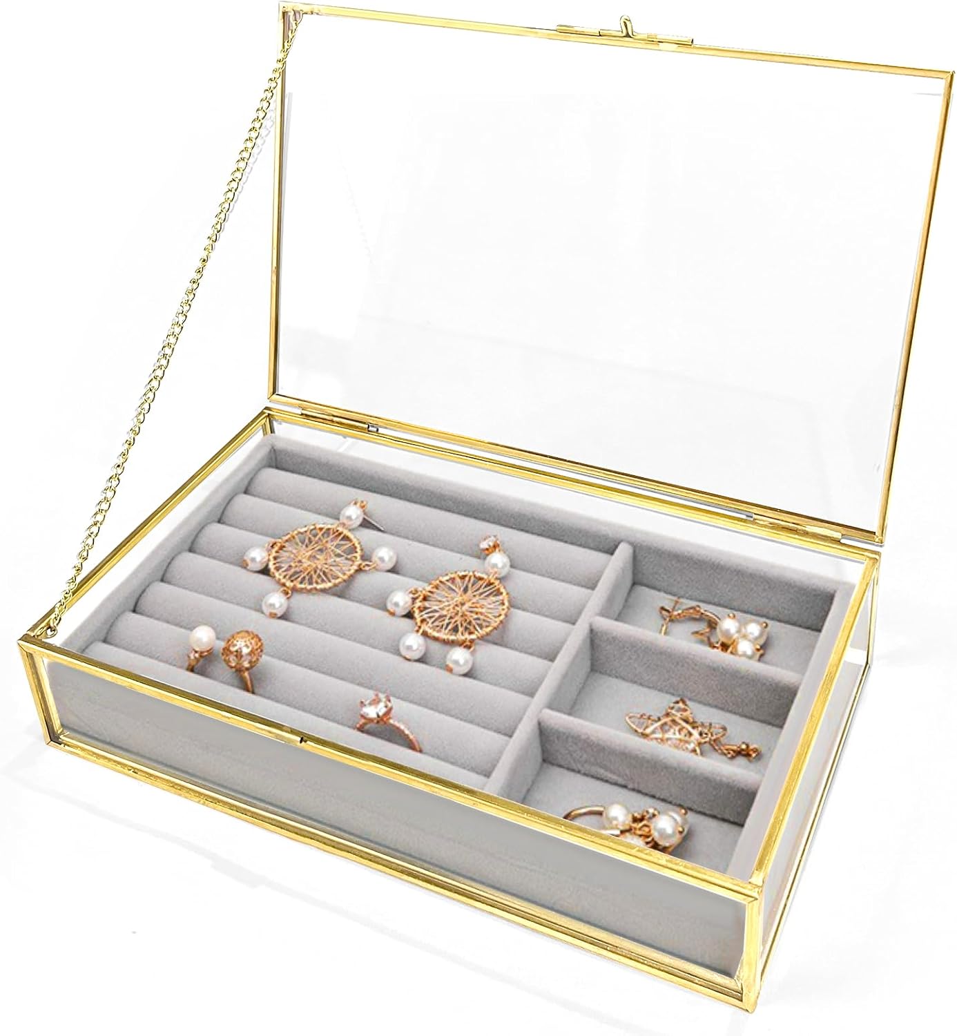 Gold Glass Jewelry Box, Vintage Glass Box with Lid and Chain Decorative Keepsake Box Trinket Box Card Box Jewelry Display Organizer for Weddings, Events, Birthday Party(M-9.84x6.69x1.77in)