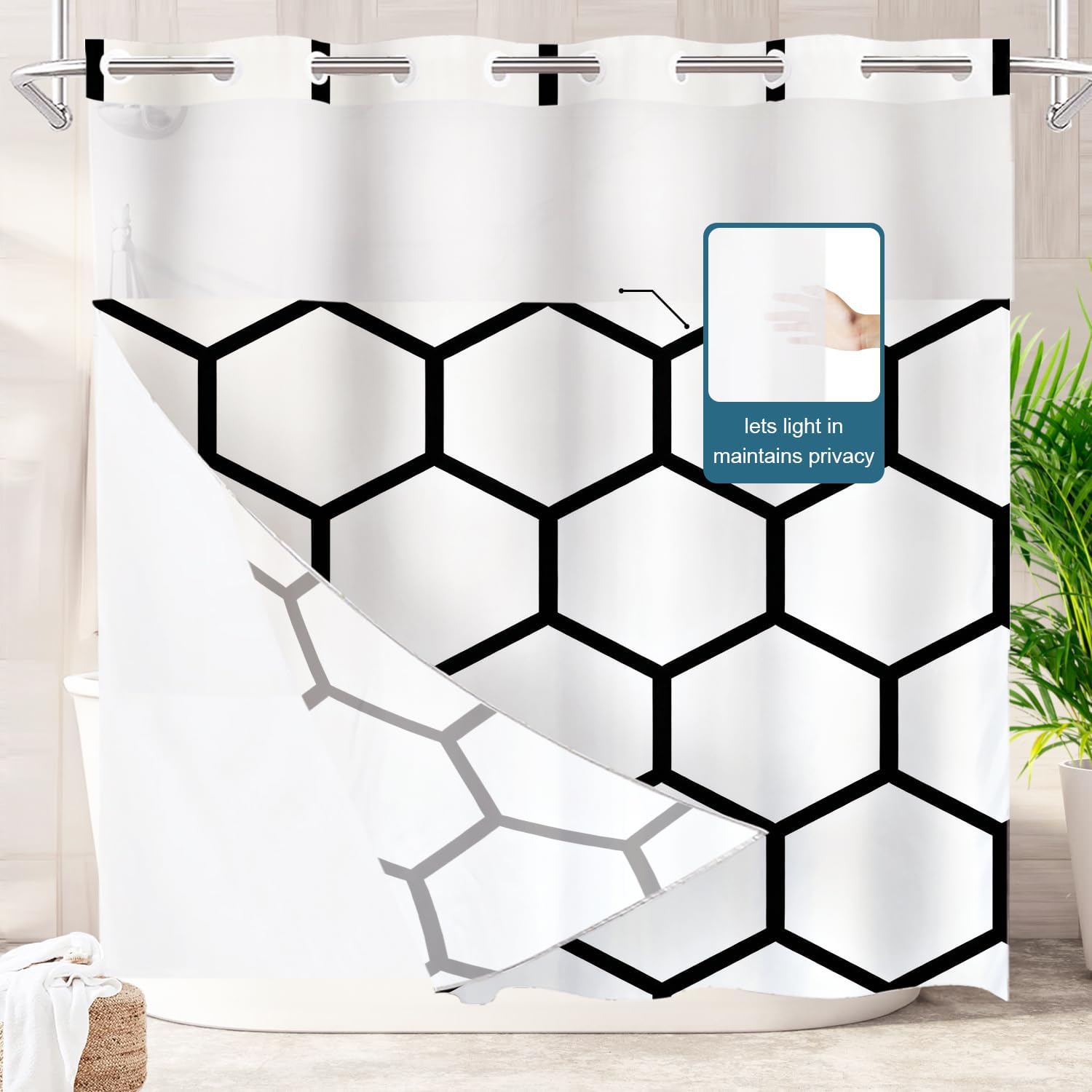 Batmerry Geometric No Hooks Shower Curtain with Snap in Liner Set, White Honeycomb Bathroom Decor Polyester Quick-Drying Waterproof for Bathtubs, 71X74 in