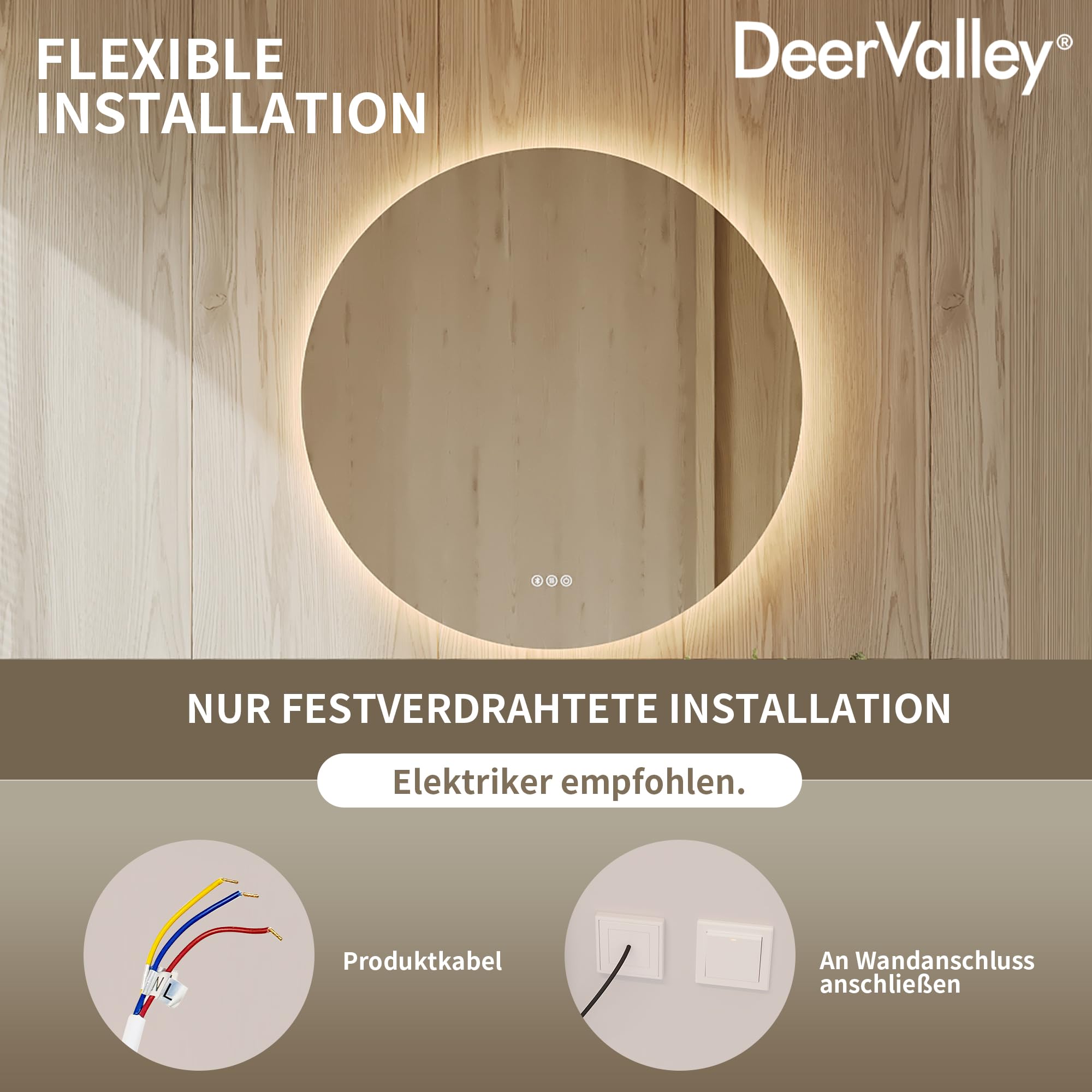 DeerValley Badspiegel mit Beleuchtung 80cm, Anti Beschlag LED Spiegel mit 3-Fach Vergrößerung, 3 Farbtemperatur und Bluetooth Lautsprecher