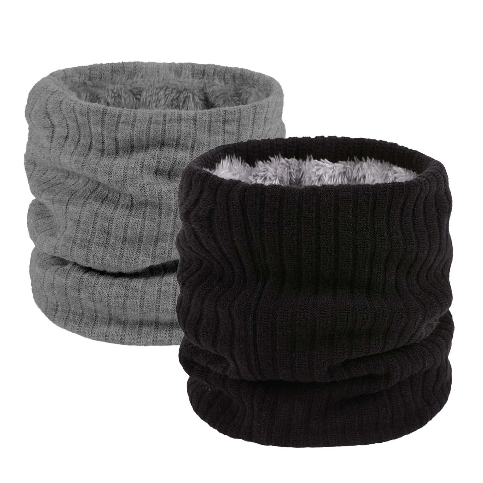 ATSNOSH Pack of 2 Winter Neck Warmer for Men Women, Tube Scarf, Windproof Thermal Fleece Neck Gaiters, Thermal Knitted Snood Scarf, for Motorcycle Running Cycling (Black + Grey)
