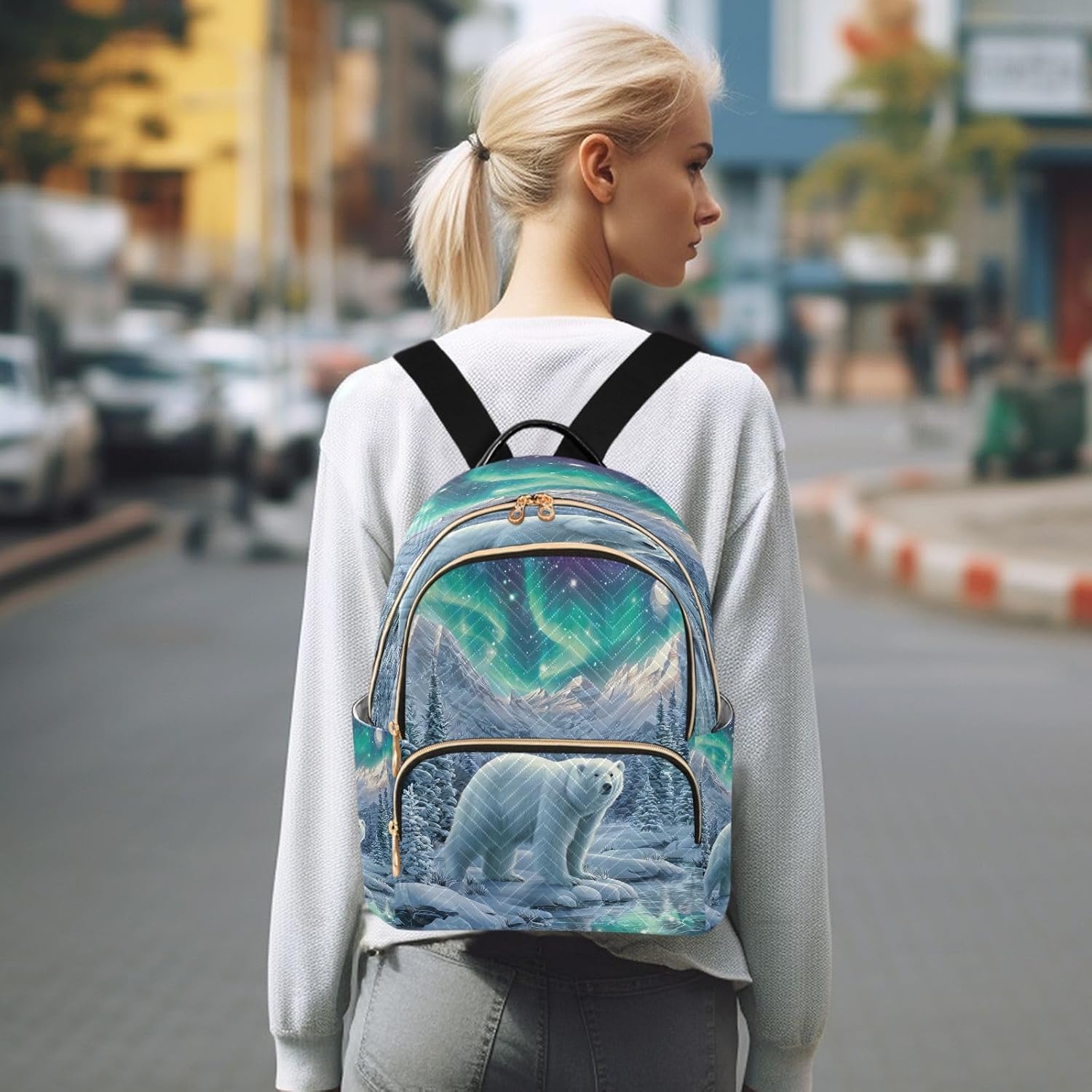 Northern Lights Polar Bear Backpack Purse for Women Shoulder Bag Fashion Daypack Ladies Handbag Lightweight Travel Bag Rucksack