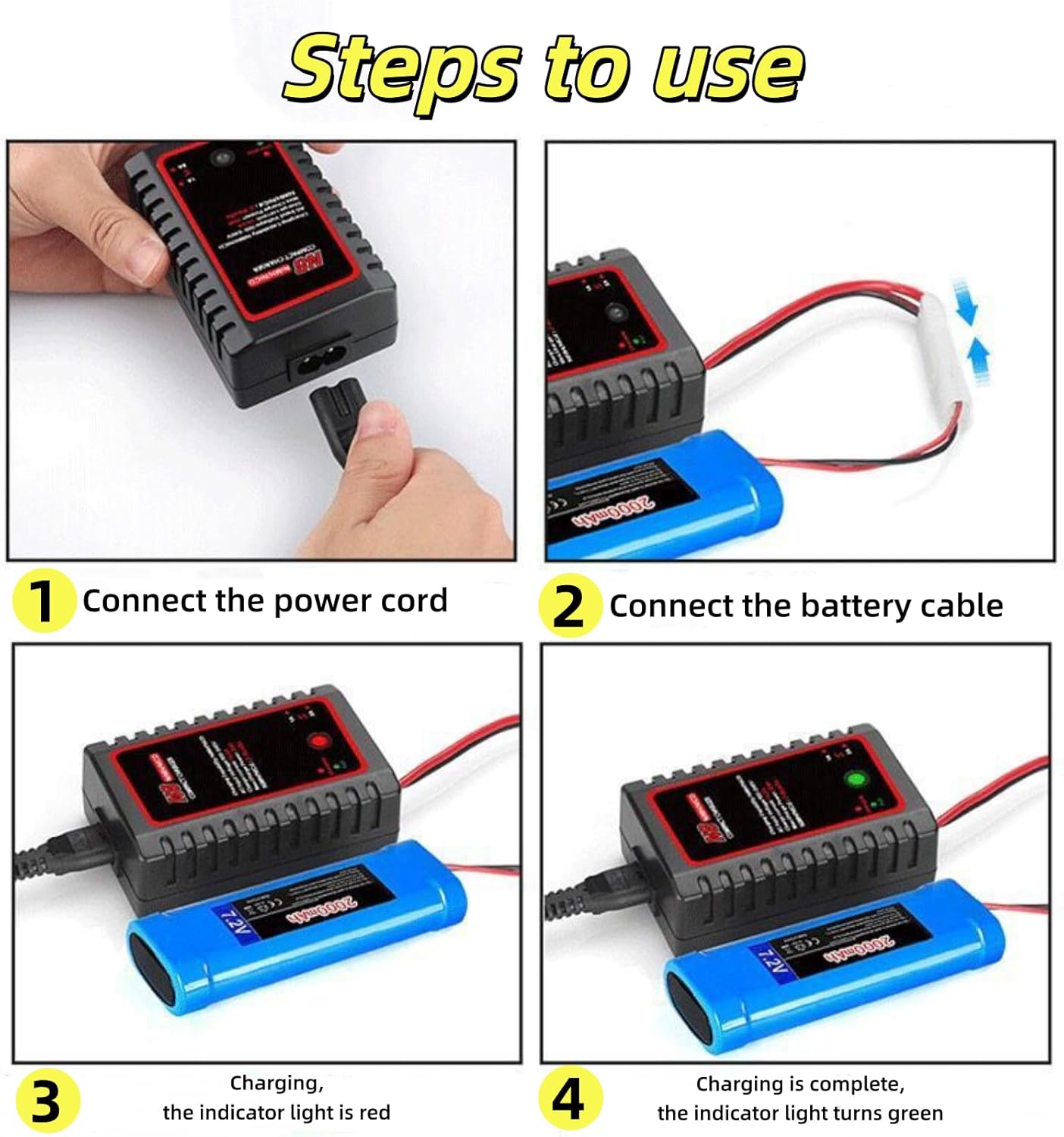 N8 NiMH NiCd Battery Charger for 2-8s Battery Packs, 1A/2A Smart RC Charger with Tamiya Connector & Alligator Clips for RC Cars, Ship Model, Drones, Airsoft