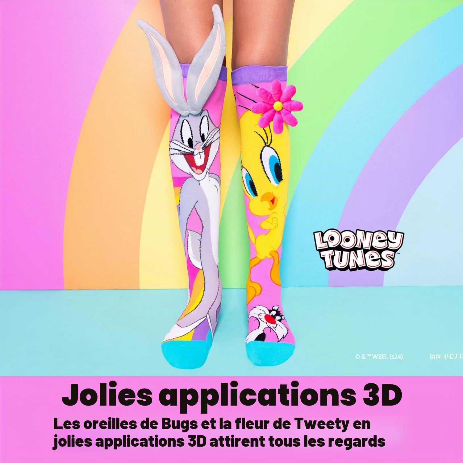 Madmia Chaussettes Looney Tunes Tweety & Bugs : chaussettes colorées avec applications 3D, pour enfants et adultes de 6 à 99 ans (29012MM), coloré, 6-99