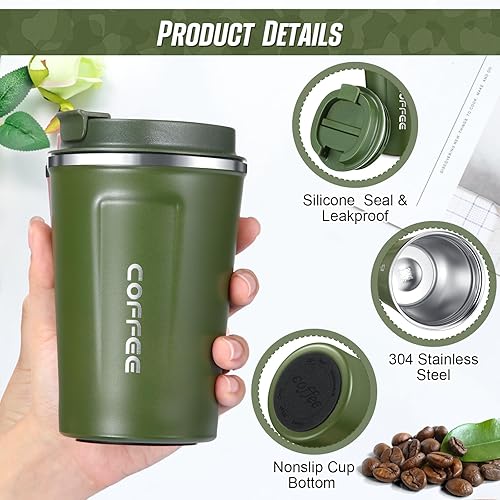 Miniatura 3 de 4 tazas de café de viaje aisladas de 13 onzas con tapa a prueba de fugas, taza de café de acero inoxidable, vaso portátil reutilizable para mantener