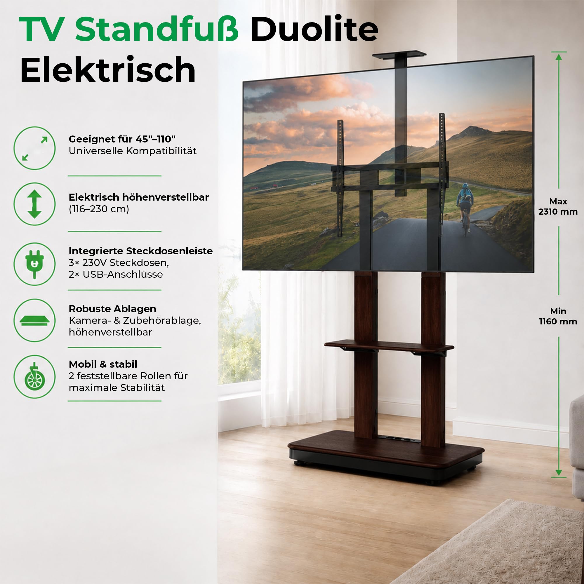 Duolite mobiler elektrischer TV Ständer für 45-110 Zoll max. 120 kg, motorisierter TV Lift mit stufenloser Höheneinstellung via Fernbedienung, max. VESA 900x800, mit Ablagen und Steckerleiste