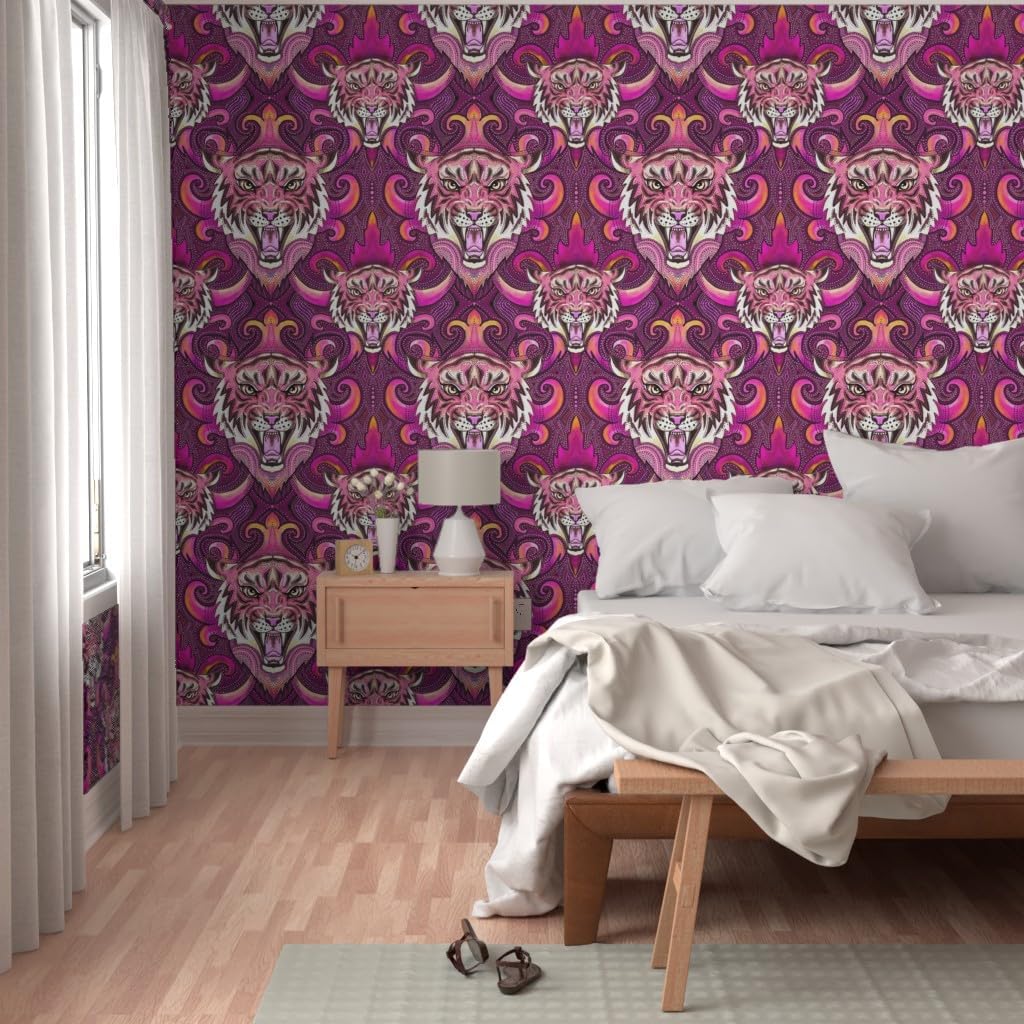 Peel & Stick Wallpaper 3ft x 2ft - Pink Tigers Purple Orange Maximalist XL Jungle Custom Removable Wallpaper by Spoonflower