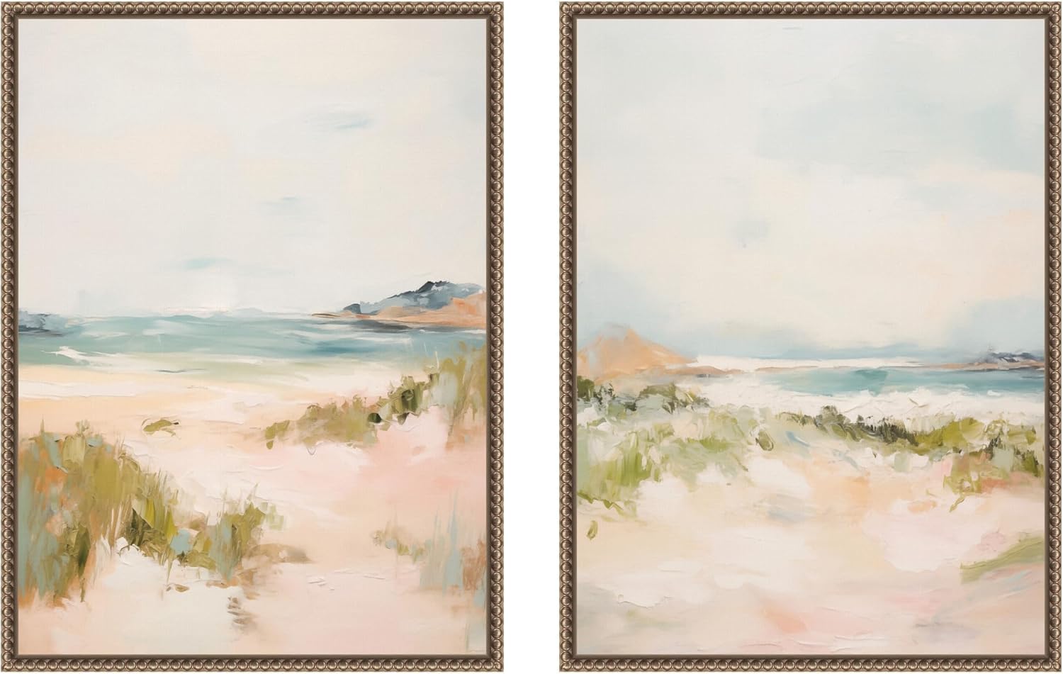 Kate and Laurel Gold Tranquil Landscape 2 Piece Framed Canvas Wall Art Set by Amy Lighthall, Sylvie Beaded Dark Gold Coastal, Beach Art for Wall Decor