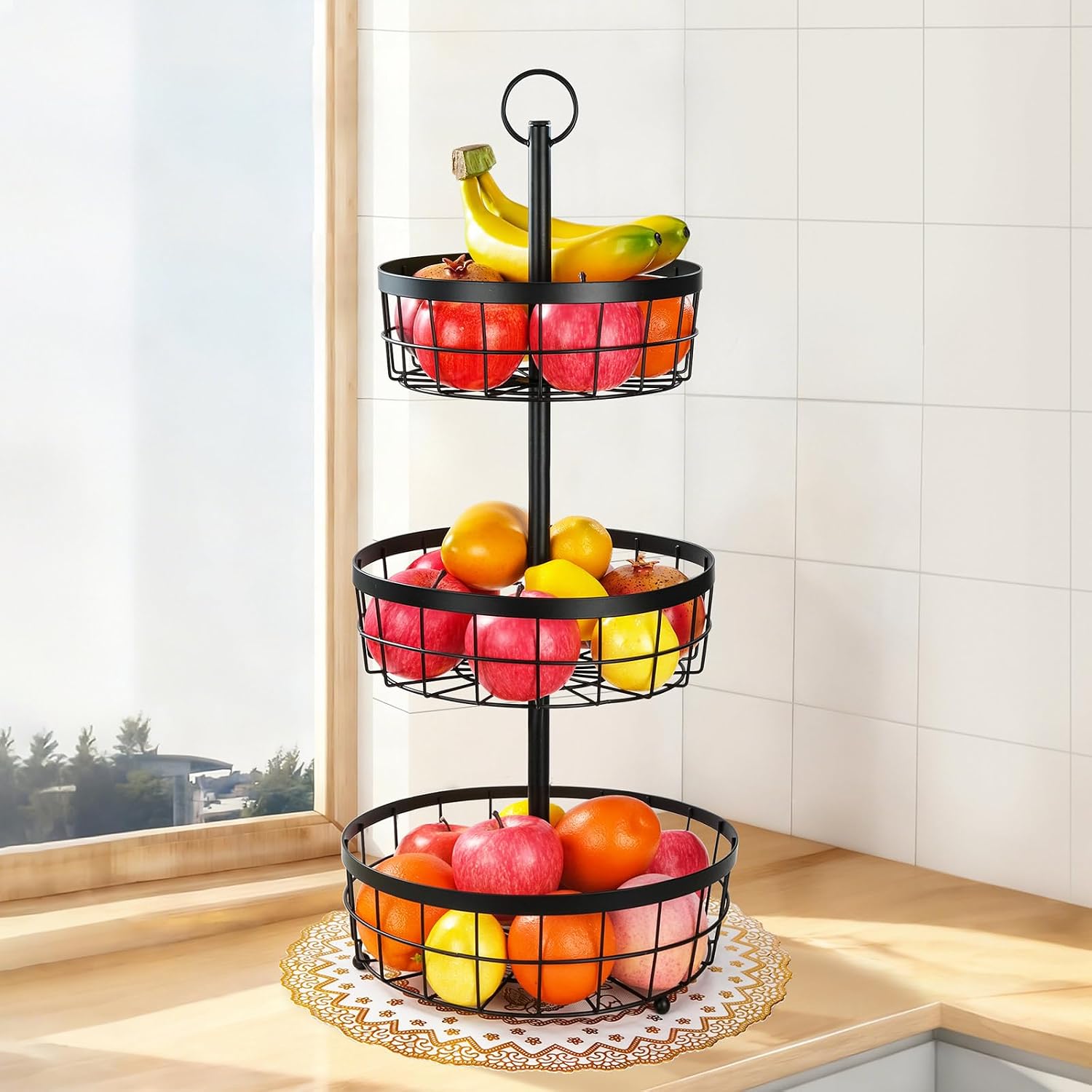Round Fruit and Vegetable Basket Bowl with Lifting Ring, Black Metal Mesh Wire Organizer Holder with Mat for Produce Storage Kitchen Countertop (2 Tier)