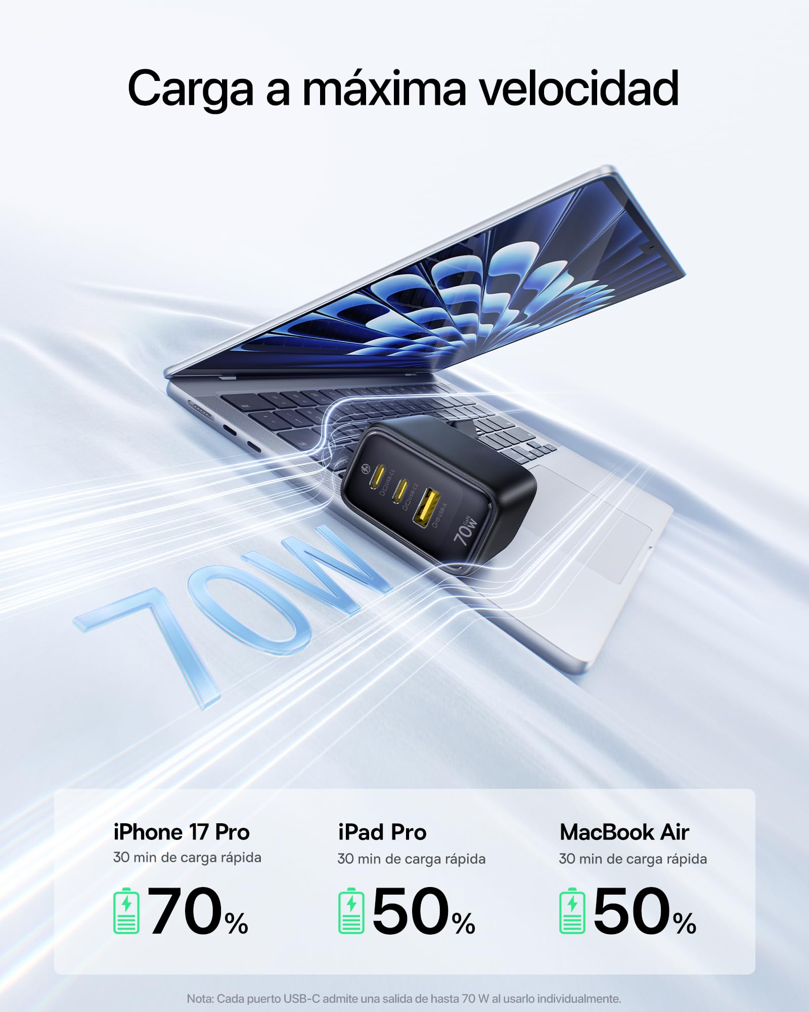 Baseus Enerfill - Cargador USB C de 70 W GaN6 de 3 Puertos - Fuente de alimentación compacta para MacBook Air, iPhone 17/16/15 Pro MAX, iPad Pro, Galaxy S25/S24, Pixel, Ordenador portátil y más