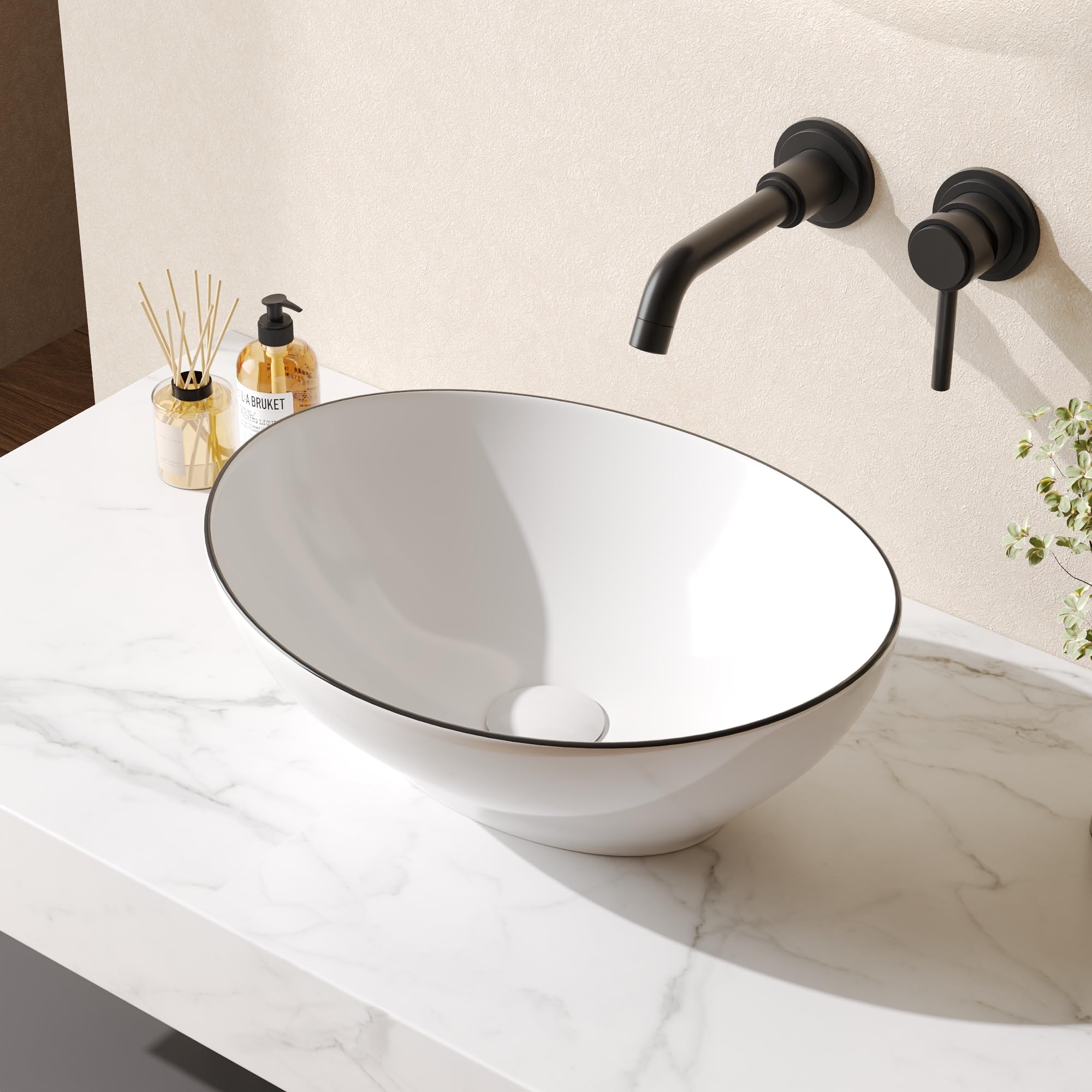 Countertop Bathroom Sink, DeerValley Ceramic Cloakroom Wash Basin, Oval Vanity Vessel Sink Bowl White Art Deco Basin - 41.5 x 33.5 x 14cm
