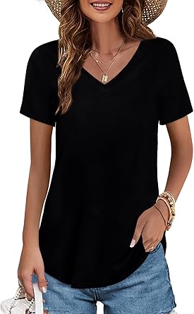 Elesomo Womens T Shirts V Neck Summer Short/Long Sleeve Cotton Tops Tees