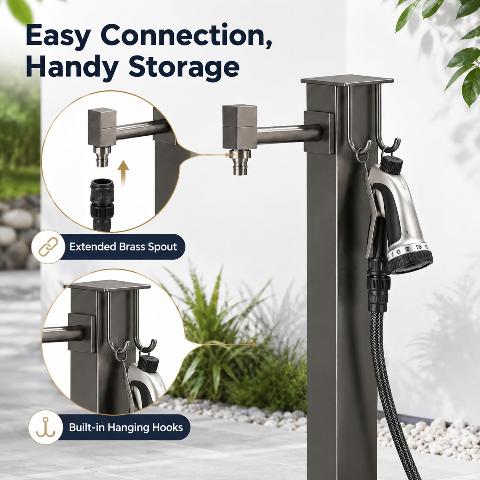 Freestanding Outdoor Water Column with Brass Spout, Garden Hydrant Stand