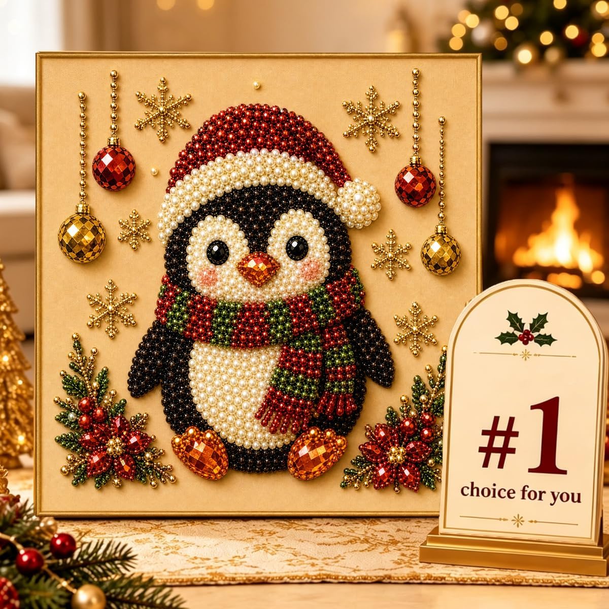 F Diy Christmas Pearl Diamond Painting Art Kit With Rame, Christmas Pearl Beads Art Craft Or Adults, Gemstone Diamond Dots Or Home Wall Decor, Relaxing Creative Hobby，