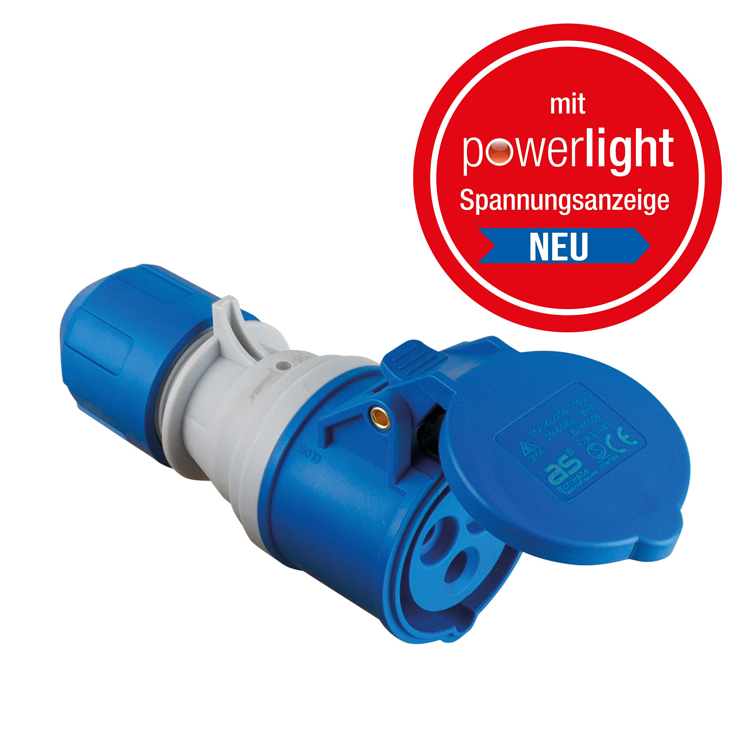 as - Schwabe Cavo di prolunga da campeggio, 25 m, 230 V, 16 A, 3 poli, spina CEE con indicatore di tensione, accoppiamento CEE con coperchio ribaltabile, prolunga per camper, prodotto in Germania,