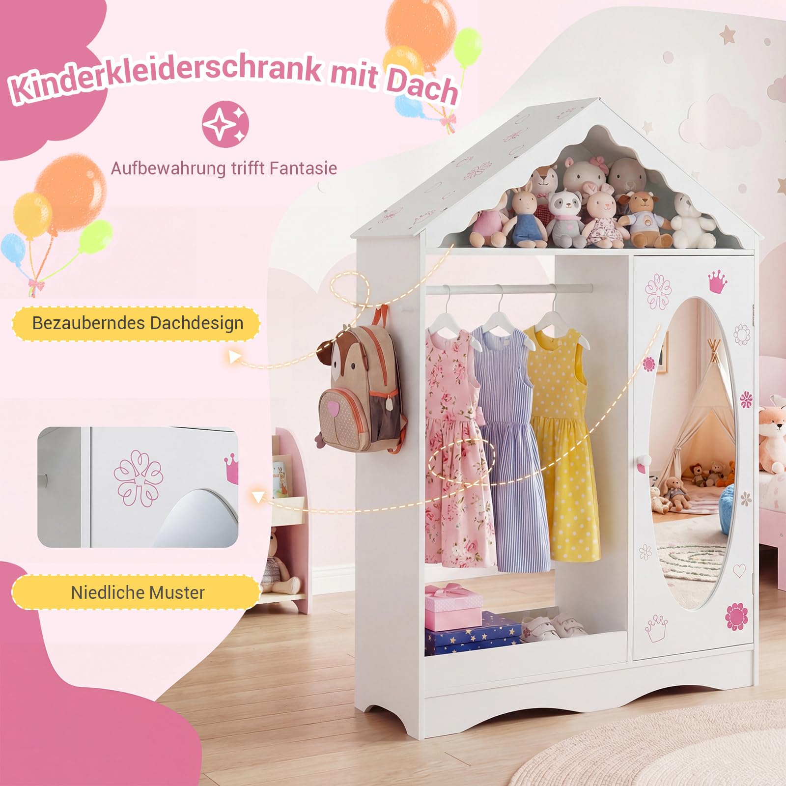 COSTWAY Kinder Kleiderschrank in Hausform, Kindergarderobe mit Spiegel, Kleiderstange, Regalen & Haken, Kinder Kleiderschrank für Kinderzimmer, Kleiderständer für Mädchen ab 3 Jahren (Weiß)