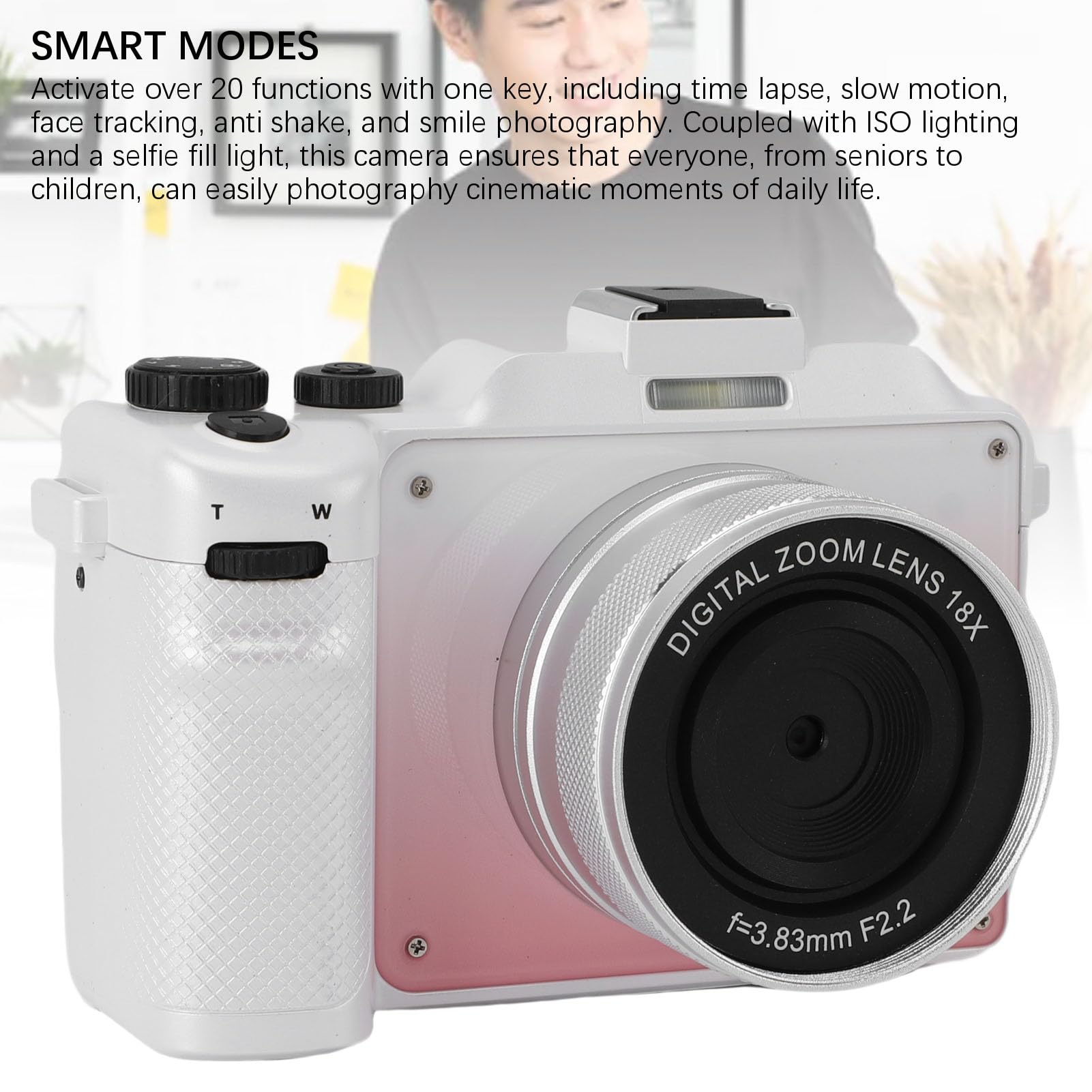 CCYLEZ Kamera Cyfrowa 5K do Fotografii, 80MP Travel Vlogging Camery, Wi -Fi 18X Zoom Retro Camera, Auto Focus Vintage Aparaty z 3 -calowym Ekranem, z Paskiem Ręcznym (gradientowy różowy)