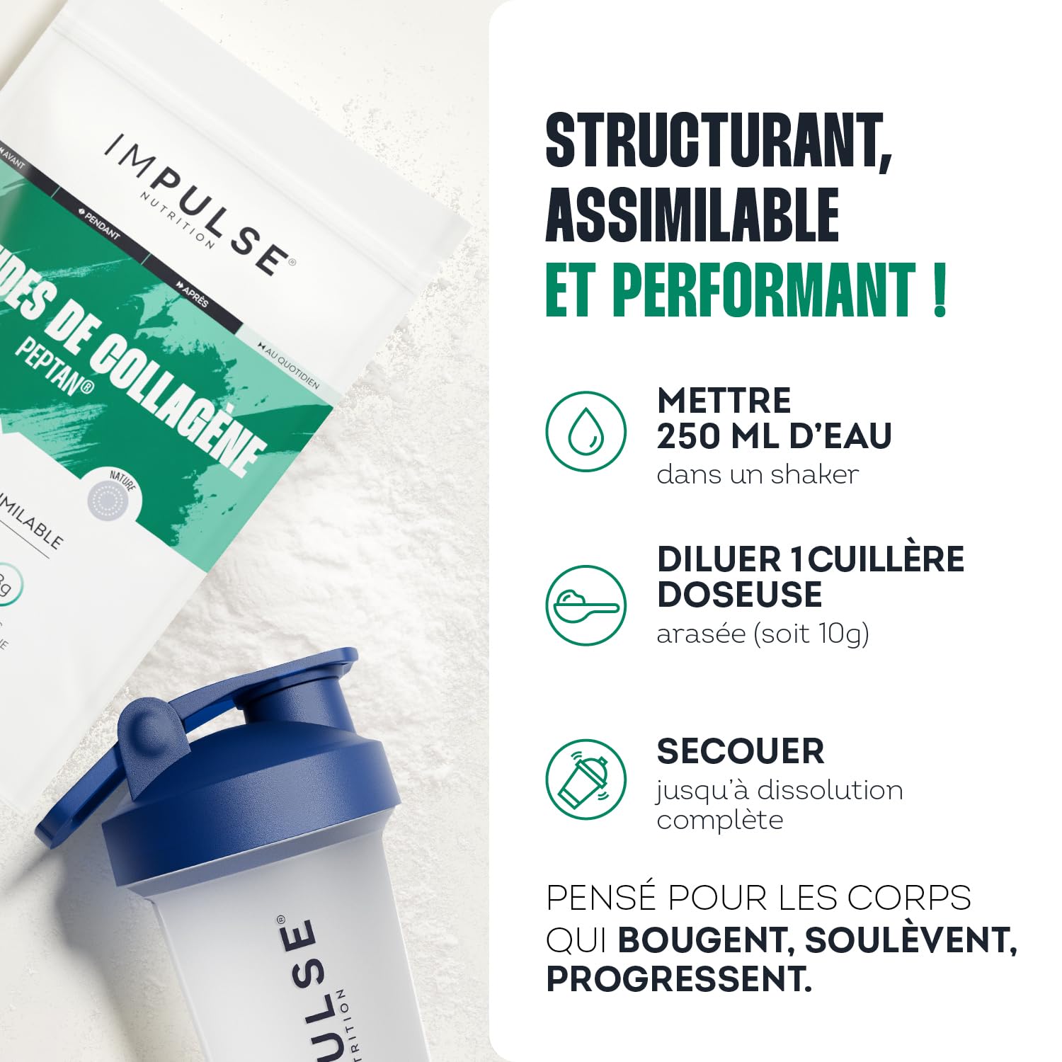 Impulse Nutrition - Peptides de Collagène Peptan 300g - Complément alimentaire sport avec Collagène Bovin - Articulations, Récupération, Peau & Tonicité - Goût Neutre - Fabriqué en France