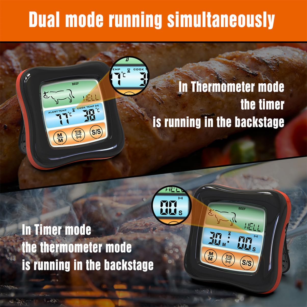 Termometro Digitale Touch per Carne e Barbecue Timer, Nero