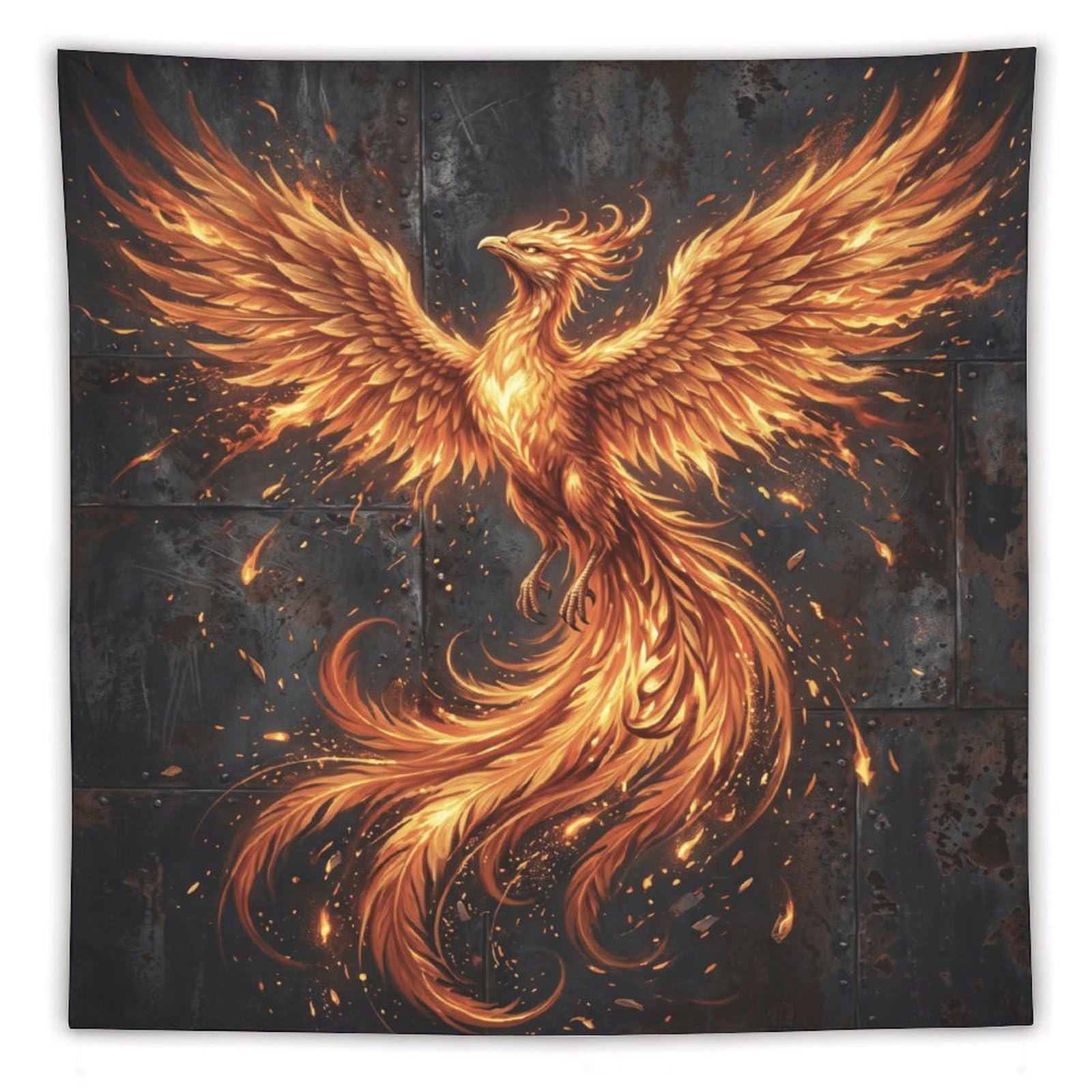 W7C8U2X3 Black Fire Phoenix Wall Tapestry, Surrealist Style, Firebird Wings