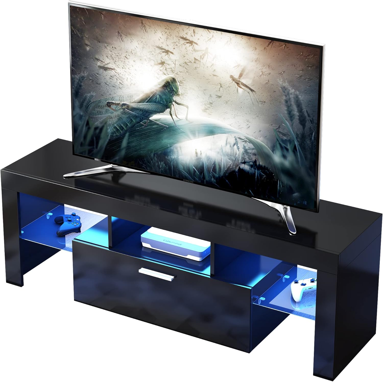 LED Black TV Stand for 55 Inch TV, Modern Gaming Entertainment Center, Small Television Stands with Storage and Glass Shelves, Media TV Console Table for Living Room Bedroom