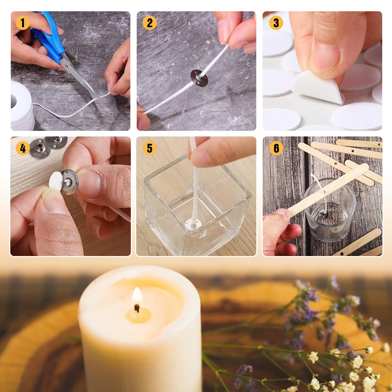 Eurtes 1600 cm Cotton Candle Wicks, 75 Strands, 100 Metal Bases & Stickers, DIY Communion & Scented Candles - Image 3