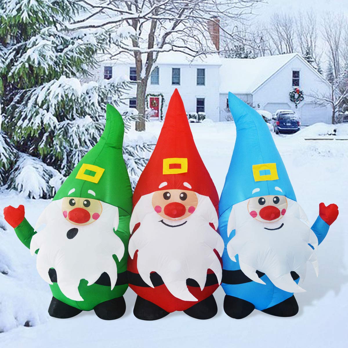 GOOSH 7Foot Length Christmas Inflatable Blow up Three Santa Claus Holiday Yard Decoration, Indoor Outdoor Garden Inflatables Christmas Decorations.
