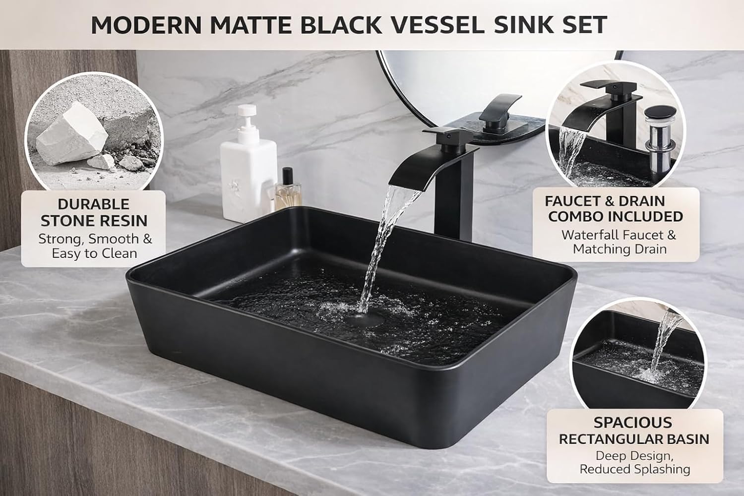 24 Inch Black Rectangular Vessel Sink with Faucet and Drain Combo, Stone Resin Bathroom Vessel Sink Above Counter, Matte Black Vanity Basin Countertop Sink for Modern Bathroom